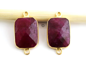 Gold Plated Faceted Dyed Ruby Rectangle Connector, 13x17 mm, (BZC-7485-A) - Beadspoint