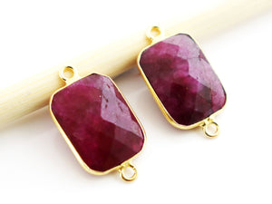 Gold Plated Faceted Dyed Ruby Rectangle Connector, 13x17 mm (BZC-7485-A) - Beadspoint