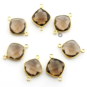 Gold Plated Faceted Smokey Topaz Cushion Connector, 14 mm, (BZC-7525) - Beadspoint