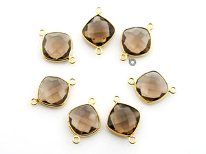 Gold Plated Faceted Smokey Topaz Cushion Connector, 14 mm, (BZC-7525) - Beadspoint