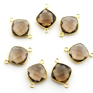 Gold Plated Faceted Smokey Topaz Cushion Connector, 14 mm (BZC-7525) - Beadspoint