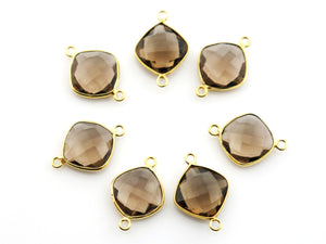 Gold Plated Faceted Smokey Topaz Cushion Connector, 14 mm (BZC-7525) - Beadspoint