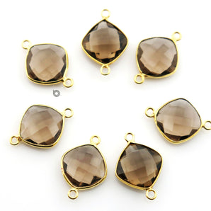 Gold Plated Faceted Smokey Topaz Cushion Connector, 14 mm, (BZC-7525) - Beadspoint