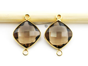 Gold Plated Faceted Smokey Topaz Cushion Connector, 14 mm, (BZC-7525) - Beadspoint