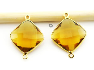 Gold Plated Faceted Whisky Topaz Cushion Connector, 20 mm, (BZC-7526) - Beadspoint