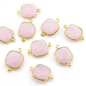 Gold Plated Faceted Rose Quartz Square Connector, 17 mm (BZC-8000) - Beadspoint