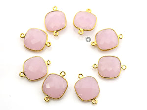 Gold Plated Faceted Rose Quartz Square Connector, 17 mm, (BZC-8000) - Beadspoint