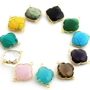 Gold Plated Faceted Clover Connector, 21 mm, multiple gemstones (BZC-8025) - Beadspoint