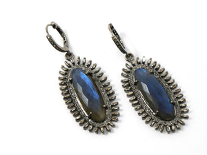 Pave Diamond Labradorite Dangle Earrings w/ Baguettes, (DER-1047) - Beadspoint