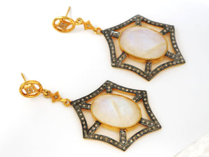 Pave Diamond Two Tone Edwardian Style Moonstone Dangle Earrings, (DER-1048) - Beadspoint