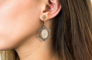 Pave Diamond Two Tone Edwardian Style Moonstone Dangle Earrings, (DER-1048) - Beadspoint
