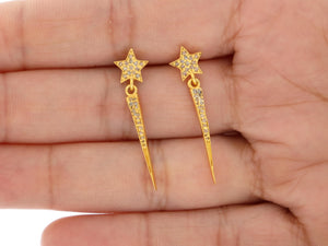 Pave Diamond Yellow Gold 1.5 mil Micron-Star Spoke Dangle Earrings, (DER-1049) - Beadspoint