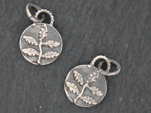 Artisan Sterling Silver Round Charm with Leaf motif, (AF-309) - Beadspoint