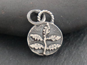 Artisan Sterling Silver Round Charm with Leaf motif, (AF-309) - Beadspoint