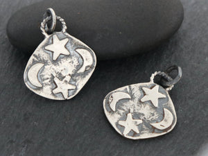 Sterling Silver Artisan  Moon And Star Charm, (AF-313) - Beadspoint