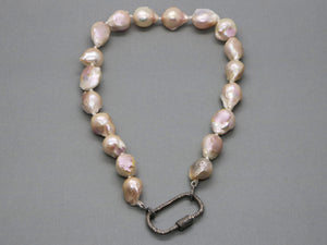 Silk Hand Knotted Keshi Pearl  Necklace w/ Pave Diamond Rectangle Carabiner Clasp, (DCHN-39) - Beadspoint