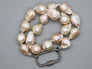 Silk Hand Knotted Keshi Pearl  Necklace w/ Pave Diamond Rectangle Carabiner Clasp, (DCHN-39) - Beadspoint