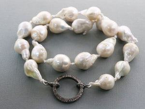 Silk Hand Knotted Keshi Pearl Necklace w/ Pave Diamond Carabiner, (DCHN-36) - Beadspoint