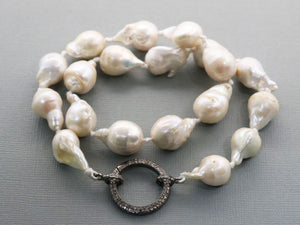 Silk Hand Knotted Keshi Pearl Necklace w/ Pave Diamond Carabiner, (DCHN-36) - Beadspoint