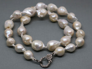 Large Baroque Pearl Silk Hand Knotted Necklace w/ Pave Diamond Clasp , (DCHN-26) - Beadspoint