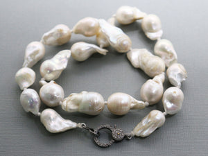 Large Baroque Pearl Silk Hand Knotted Necklace w/ Pave Diamond Clasp , (DCHN-25) - Beadspoint