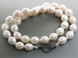 Baroque Freshwater Pearl Silk Hand Knotted Necklace w/ Pave Diamond Clasp , (DCHN-27) - Beadspoint