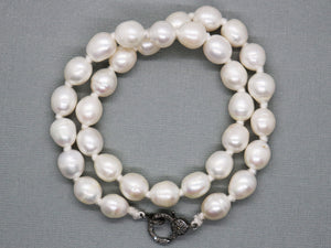 Baroque Freshwater Pearl Silk Hand Knotted Necklace w/ Pave Diamond Clasp , (DCHN-27) - Beadspoint