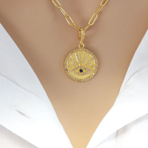 Pave Diamond Evil Eye Sunbeam Medallion Pendant, (DPS-94)