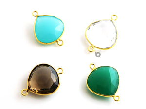 Gold Plated Faceted Heart Shape Bezel Connector, 15 mm, Multiple Colors, (BZC-9015-AQ) - Beadspoint