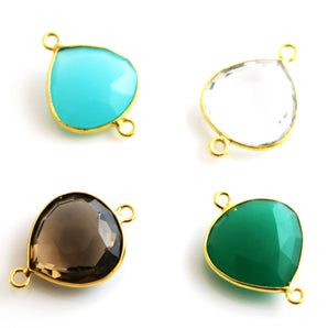 Gold Plated Faceted Heart Shape Bezel Connector, 15 mm, Multiple Colors, (BZC-9015-AQ) - Beadspoint