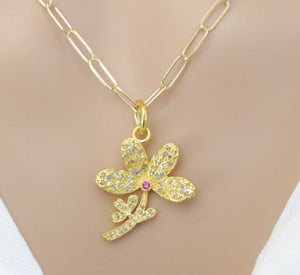 Pave Diamond Lucky Flower Blossom Pendant, (DPS-146)