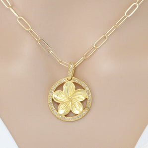 Pave Diamond Flower Pendant in Disc w/ Gold Finish, (DPS-113)