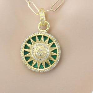 Pave Diamond & Malachite Sun Pendant w/ Saturn center, (DPS-189)