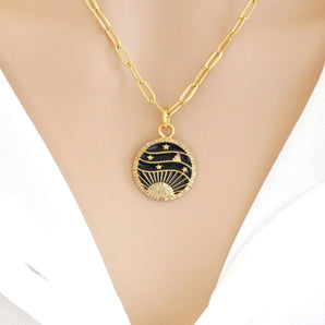 Pave Diamond Enamel Rising Sun and Star Pendant, (DPS-107)