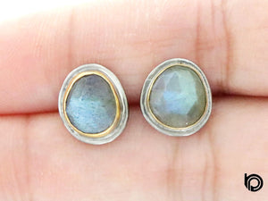 Sterling Silver Two Tone, Labradorite faceted Oval Ear Studs, (EAS-035)