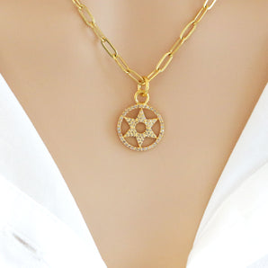 Pave Diamond Star Of David Circle Pendant, Star Pendant, (DPS-102)