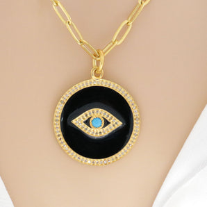 Pave Diamond Enamel Evil Eye Disc Pendant, Evil Eye Pendant, (DEM-4088)