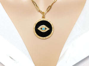 Pave Diamond Enamel Evil Eye Disc Pendant, Evil Eye Pendant, (DEM-4088)