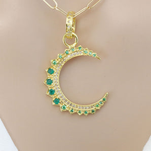 Pave Diamond & Emerald Crescent Moon Pendant, (DPM-1243)