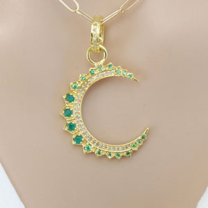 Pave Diamond & Emerald Crescent Moon Pendant, (DPM-1243)