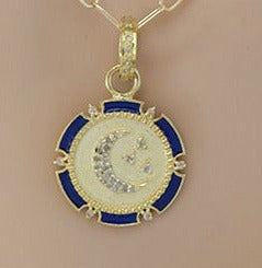 Pave Diamond Star & Moon blue Enamel Pendant, (DPM-1245)