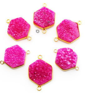 Gold Plated Pink Druzy Hexagon Shape Bezel Connector, 19 mm, (BZC-9028-PDZY) - Beadspoint