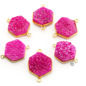 Gold Plated Pink Druzy Hexagon Shape Bezel Connector, 19 mm, (BZC-9028-PDZY) - Beadspoint