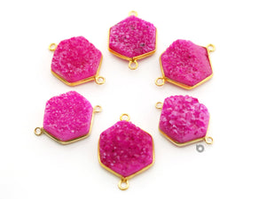 Gold Plated Pink Druzy Hexagon Shape Bezel Connector, 19 mm, (BZC-9028-PDZY) - Beadspoint