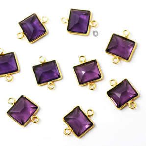 Gold Plated Amethyst Faceted Rectangle Shape Bezel Connector, 10X12 mm, (BZC-9043-AME-SM) - Beadspoint