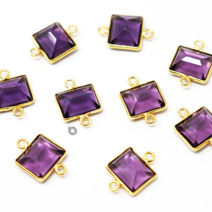 Gold Plated Amethyst Faceted Rectangle Shape Bezel Connector, 10X12 mm, (BZC-9043-AME-SM) - Beadspoint