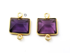 Gold Plated Amethyst Faceted Rectangle Shape Bezel Connector, 10X12 mm, (BZC-9043-AME-SM) - Beadspoint