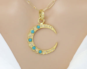 Pave Diamond & Turquoise Crescent Moon Pendant, (DPL-2526)
