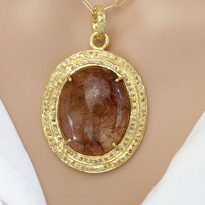 Pave Diamond Golden Rutilated Quartz Pendant, (DPL-2530)