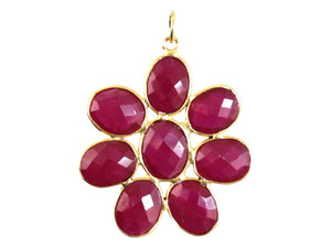Gold Plated Faceted Dyed Ruby Flower pendant, 35 mm, (FLR-1125)